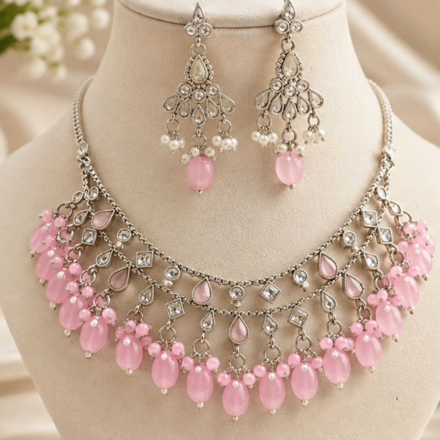 Pink Beaded Necklace & Earrings Set – Silver-Tone Layered Statement Jewelry for Women