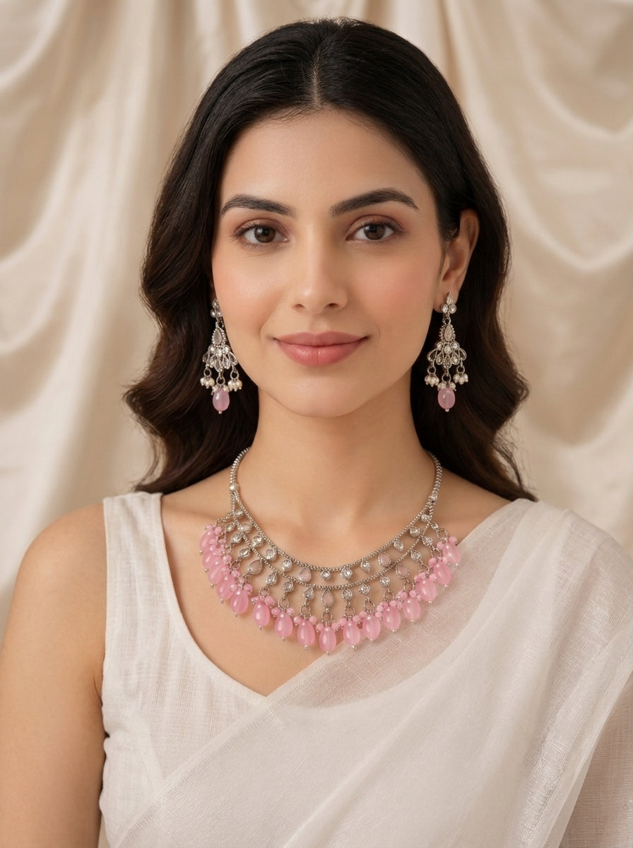 Blush Pink Beaded Necklace & Earrings Set – Silver-Tone Statement Jewelry