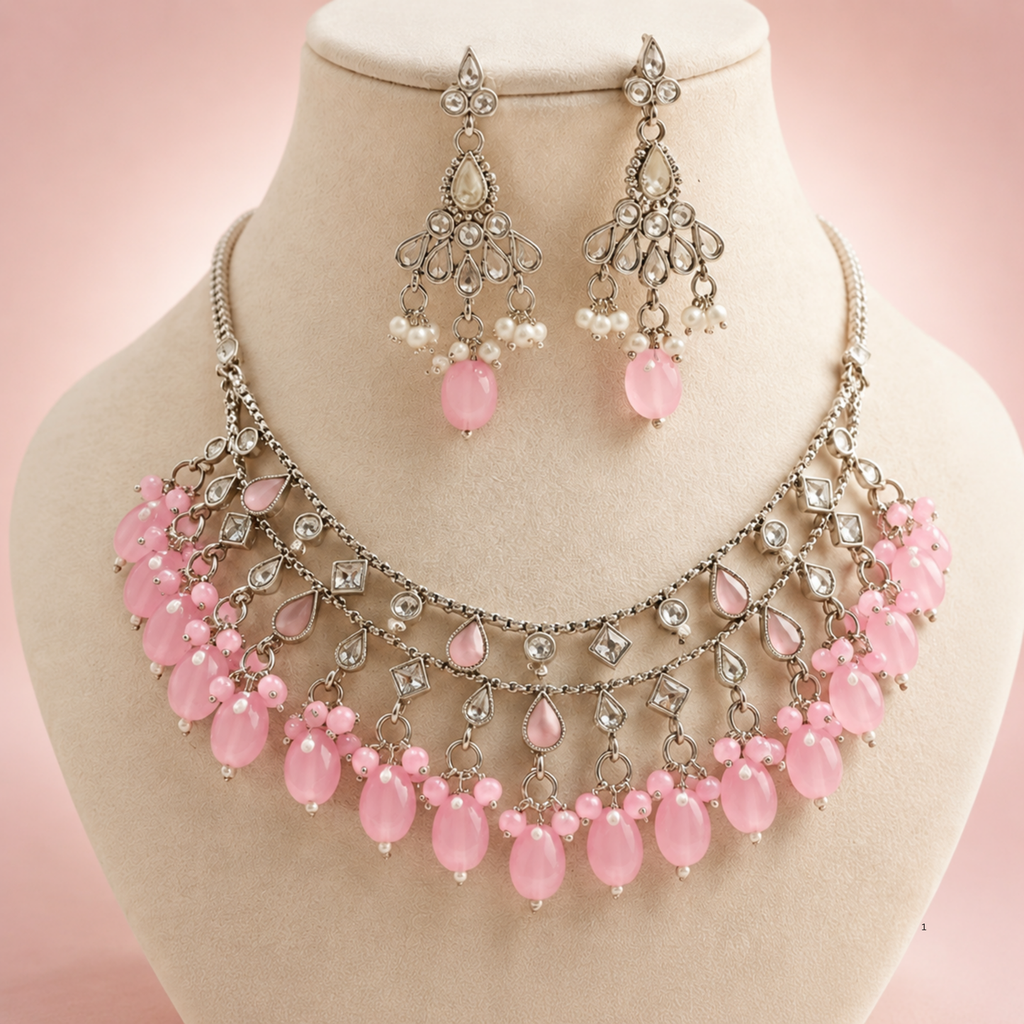 Blush Pink Beaded Necklace & Earrings Set – Silver-Tone Statement Jewelry