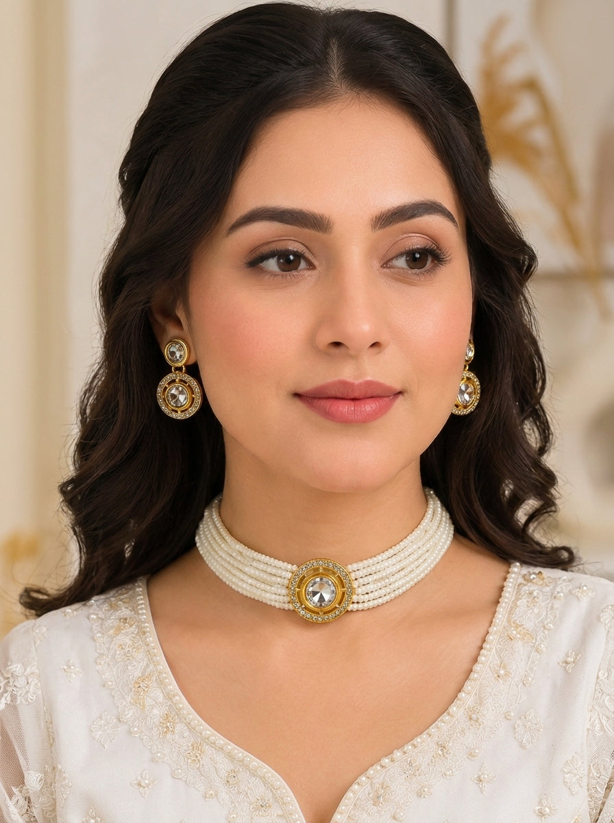 Luxury Multi-Layer Pearl Choker Necklace & Crystal Drop Earrings Set – Gold Tone Bridal Jewelry