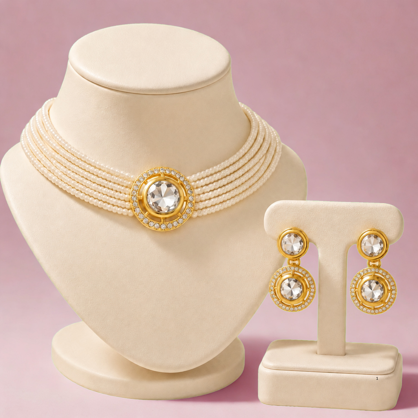 Luxury Multi-Layer Pearl Choker Necklace & Crystal Drop Earrings Set – Gold Tone Bridal Jewelry
